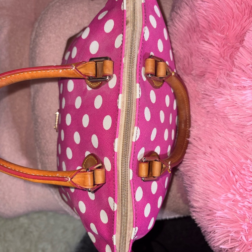 Dooney & Bourke Hot Pink and White Polka Dot Satchel with Brown Trim - Picture 9 of 11